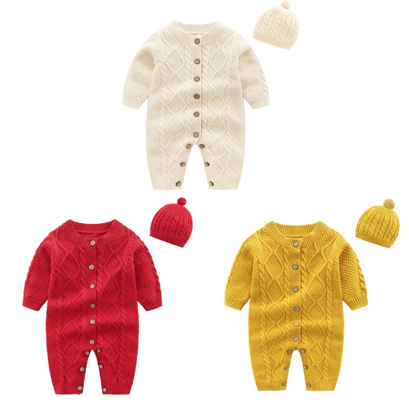 

Winter Baby Rompers Wholesale Baby Clothes Set Newborn Sweaters Cotton Infant Jumpsuit Toddler Romper+Hat, Beige