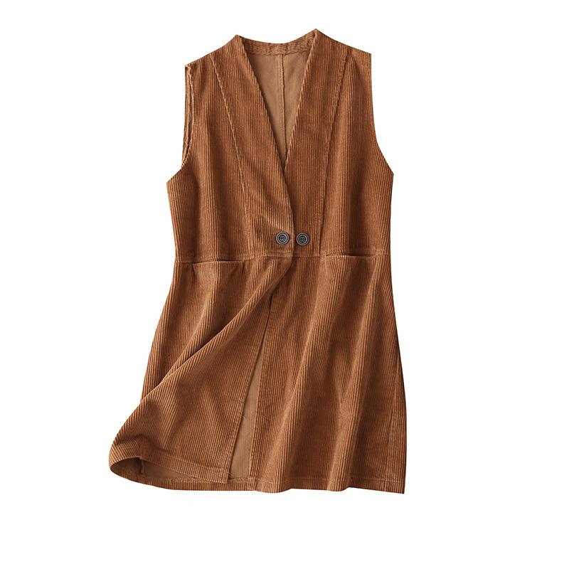 

Cotton Casual Long Womens Corduroy Vests Autumn Outerwear Single Button V-Neck Solid Women Winter Sleeveless Coats, Black