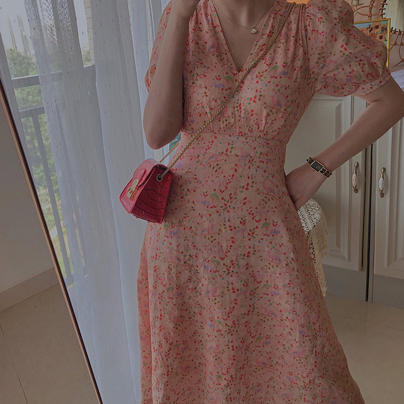 

2021 New Fashion Print Women High Waist a Line Summer Short Sleeve Bohemian Midi Es 89ix, Pink