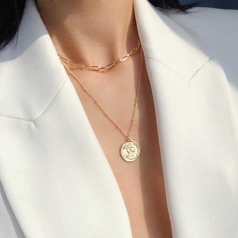 

Double Layer Portrait Shape Metal Coin Necklace Long Round Clavicle Disc Figure Necklace Dainty Beaded Chain Jewelry For Women