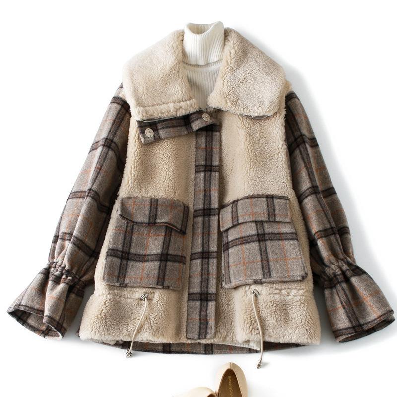 

High-end Boutique Double-sided Fur Short Coat Female Nice Winter Tide Fashion Check Wool Coat J11171, Khaki