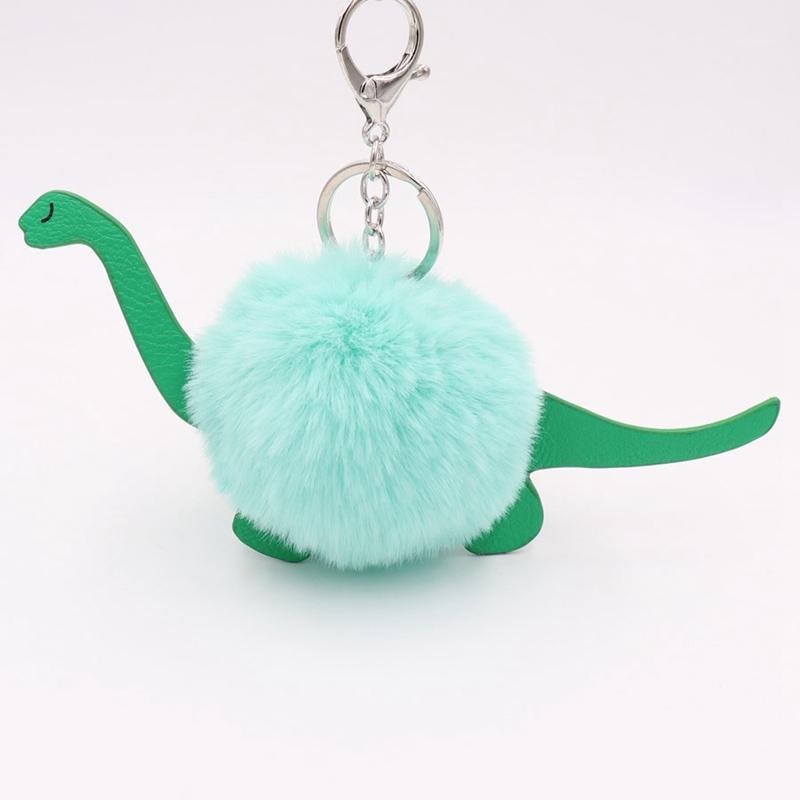 

New PU Dinosaur Keyring With Metal Chain Women Pompom Key Chains Car pandent Accessories1