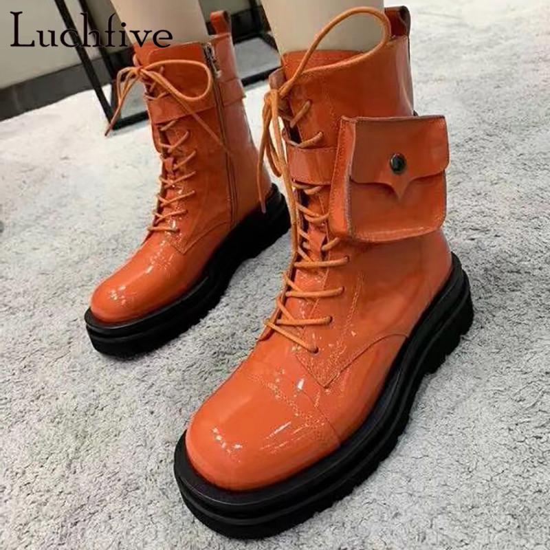 

Pocket Patent Leather Women Boots Thick Bottom Boots Femme Round Toe Shoes Woman Orange Lace Up Ankle