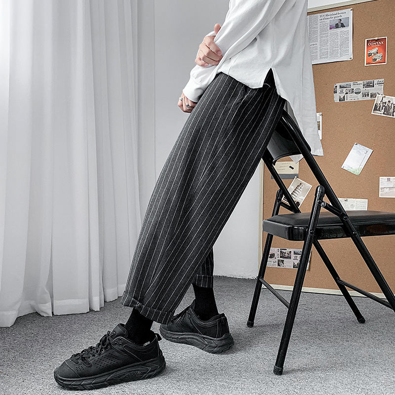 

Trousers 2021 Male Spring New Straight Pants Striped Cropped Campus Youth Size M-5xl XX0Y, Dark gray.