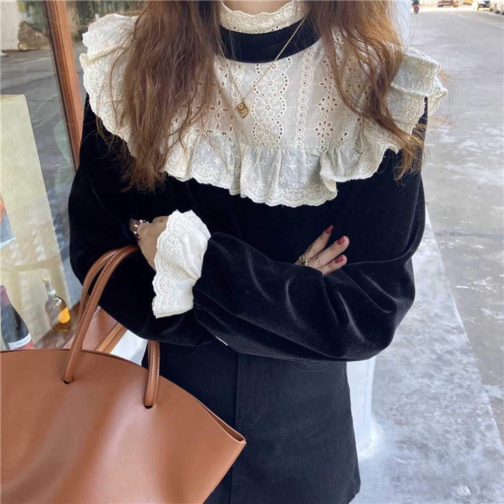 

2021 New Korean Version Blouse Retro Fashion Popular Simple Spring Hot Sale Lace Splicing Half High Collar Long Sleeve H33K, Black
