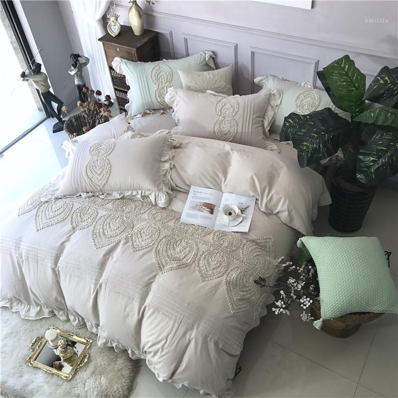 

Grey Pink Princess Bedding Set Queen King size Boho Bed set Bed Duvet Cover Sheet Pillowcases 100%Cotton soft Bedclothes1
