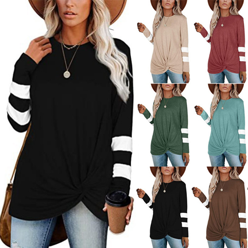 

2020 latest trend fashion round neck long sleeve stitching casual twist T-shirt top womens clothing, Black