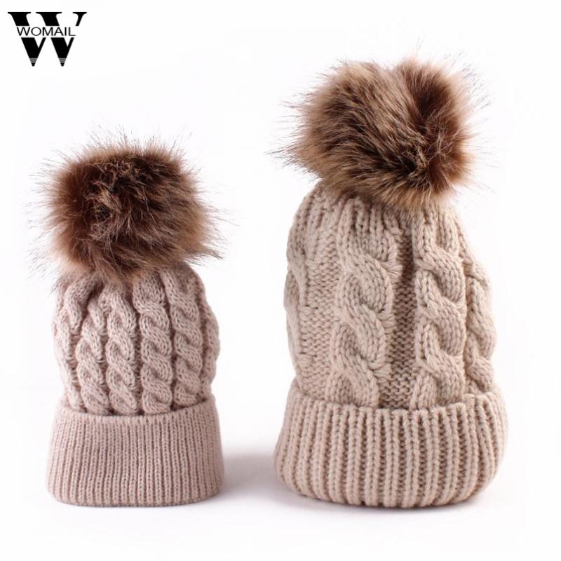 

2pcs Winter Mom And Daughter Matching Knitted Beanie Cap Keep Warm Faux Fur Hats Gorro Chapeu Amazing Sep, Red
