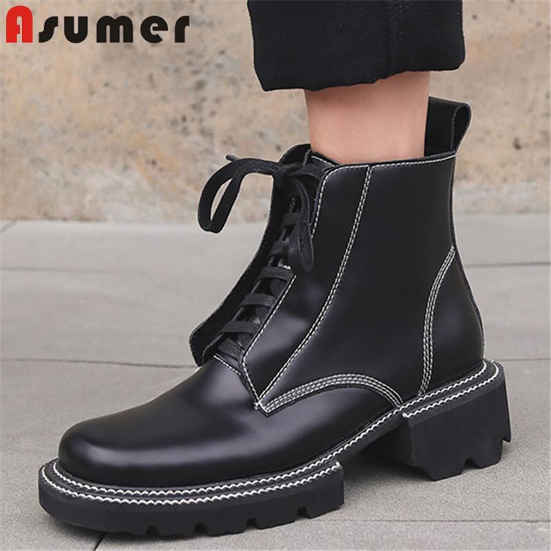 

ASUMER 2020 newest genuine leather boots woman square heel platform shoes comfortable zip fashion punk ankle boots women, Wine red not fur