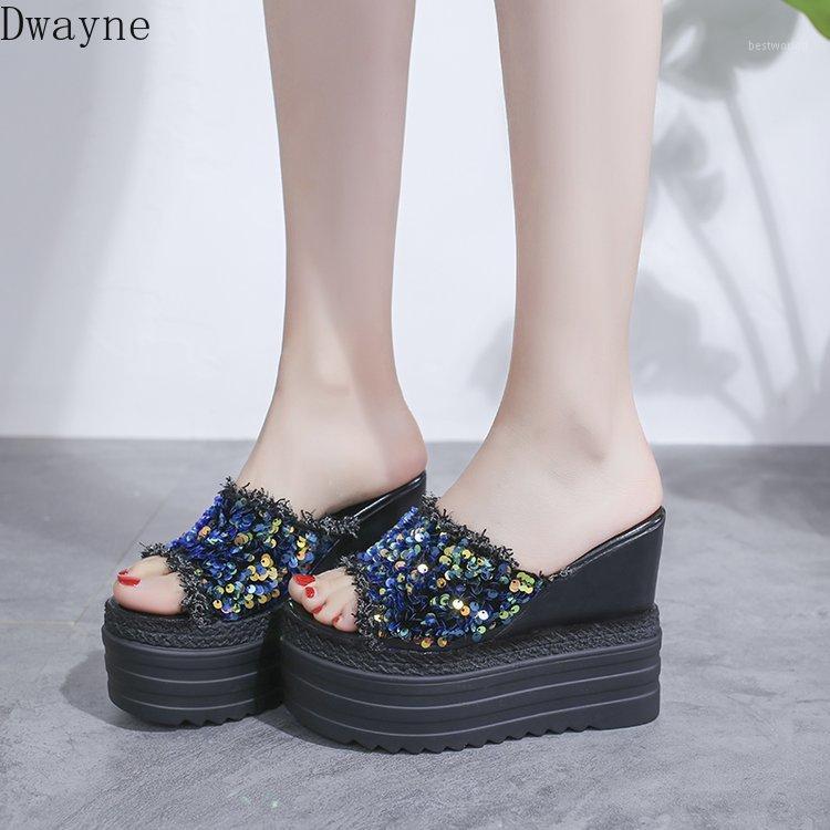 

2020 new fashion sequins muffin thick bottom wedge half slippers women1, White