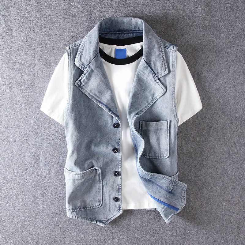 

2021 New Newly Designer Fashion Vest Multi Pockets Overall Denim Vests Men Suit Waistcoat Streetwear Sleeveless Chaqueta Vcph, Retro light blue