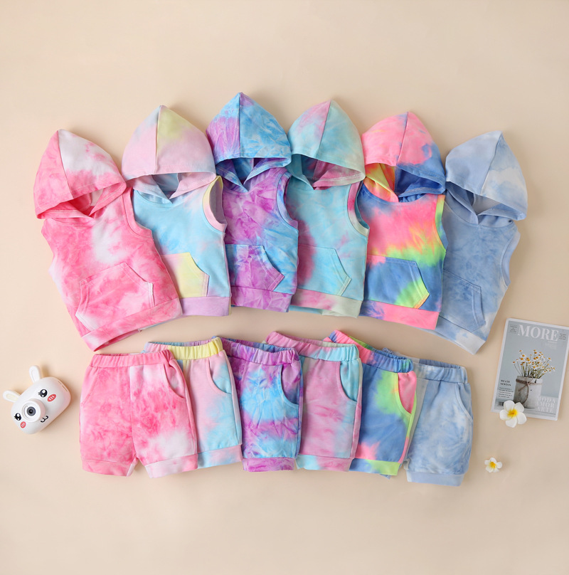 

2021 New Summer Tie Dye Baby Clothing Set Sleeveless Hooded Sweatshirt Pullover Top + Short Pant 2Pcs/Set Boutique Kids Sport Outfits M3267, Randomly send