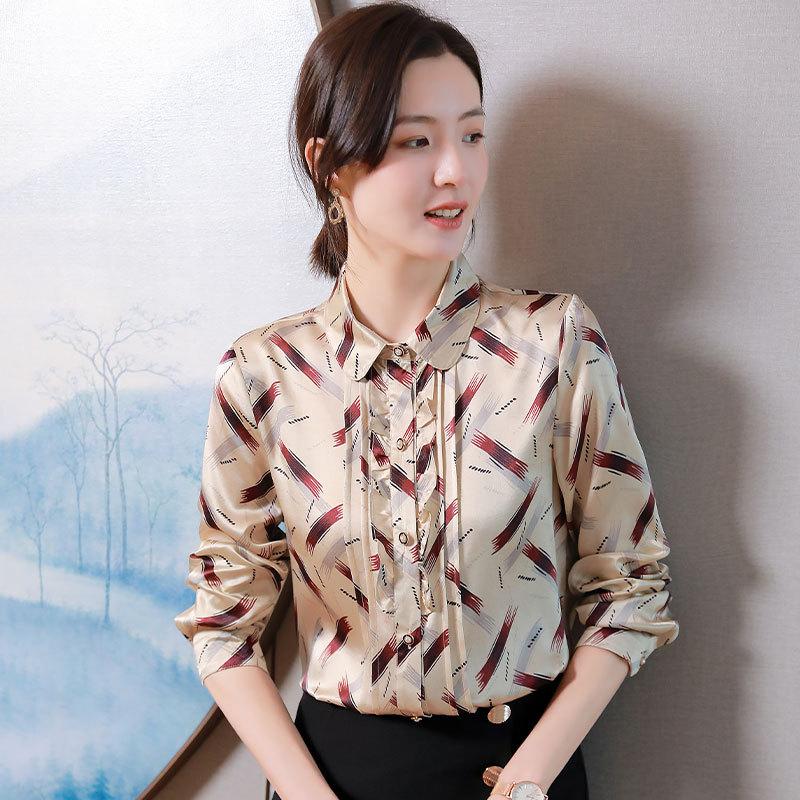 

Natural Silk Shirt Women's 2020 New Satin Blouse Elegant Office Lady Tops, Floral