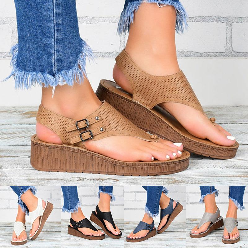 

Summer Women Solid Strap Sandals Flats Open Toe Casual Leather PU Shoes High Heels Sandals Rome Wedges Thong Sexy Ladies Shoes, Grey