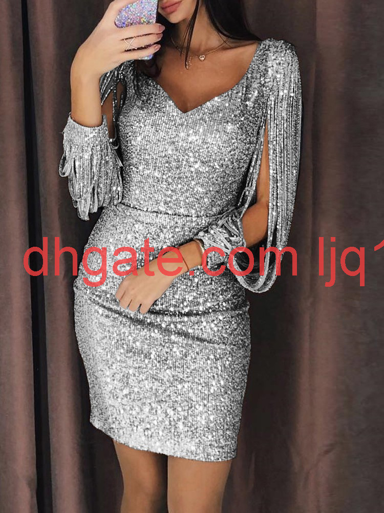 

New V-neck glittering tassel long sleeve slim dress, Silver