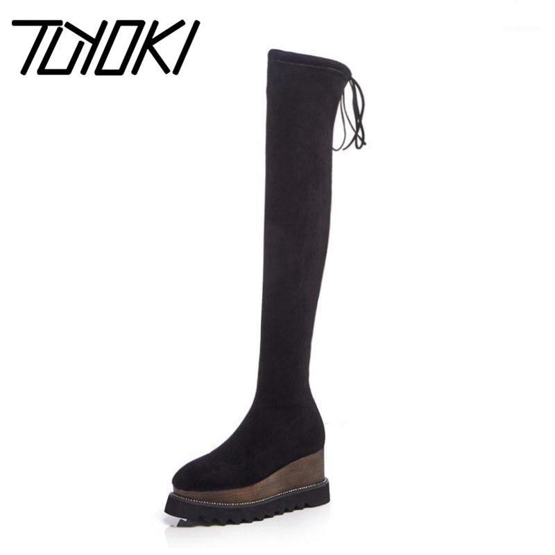 

Tuyoki High Wedges Women Boots Real Leather Ladies Shoes Fur Winter Thigh High Boots Stretch Woman Footwear Size 33-421, Black