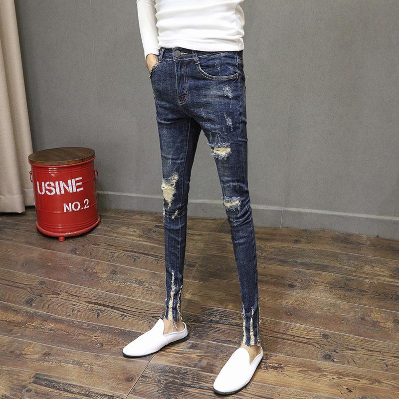 

New 2020 Fashion blue Ripped hole patch Slim pants male Skinny jean men edge cat claw stretch denim ankle length pants men
