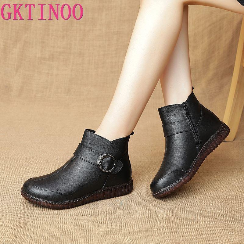 

GKTINOO Autumn Winter Genuine Leather Flat Ankle Boots For Women Warm Boots Side Zipper Soft Comfortable Cow Leather Botas, Black without fur