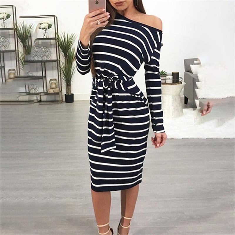 

GAOKE Women' Long Sleeve Stripe Party O Neck Bandage Bodycon Dress Summer Casual One Shoulder Knee Length Dresses1, Coffee color