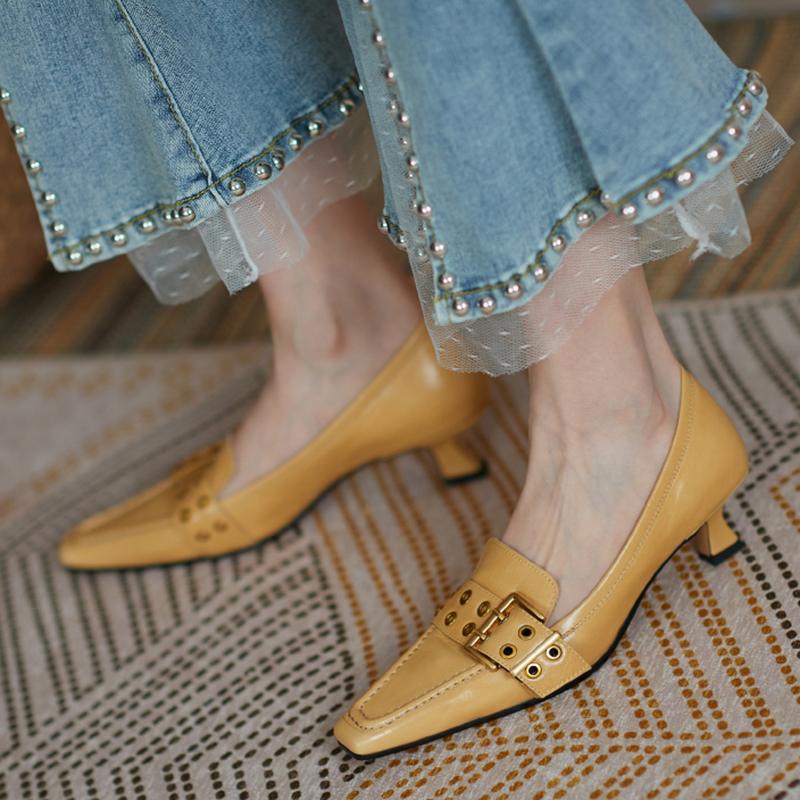

2020 Female Casual Retro-spring Genuine Leather High Heels Woman Rivets Light-footed Bombs Square Toe Pumps Jdcl, Brown
