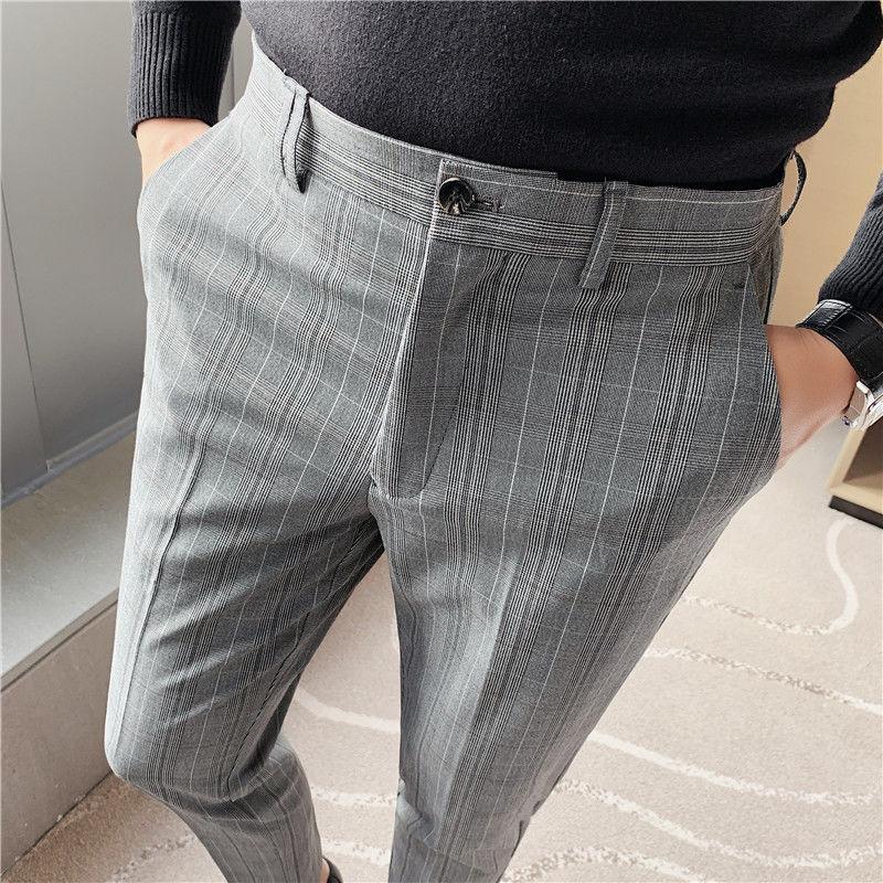 

Men's Pants 2021 Spring Plaid Men Formal Thousand Bird Trousers Light Grey Dress Suits Traje Hombre 38 Parfum, Dark gray