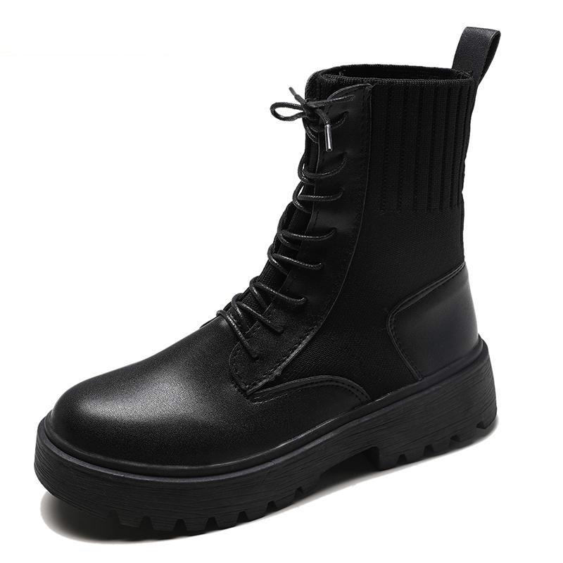 

2020Flat Platform Boots Women Shoes Autumn Winter Fashion Round Toe Lace-up Leather Boots Ladies Shoes Stretch Fabric ZH100090, Black