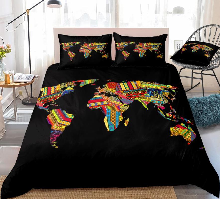 

African Map Bedding Set Retro Exotic Quilt Cover Queen Home Textiles Geometric Duvet Cover Stripe Bed Set Teens 3PCS Black, Multi