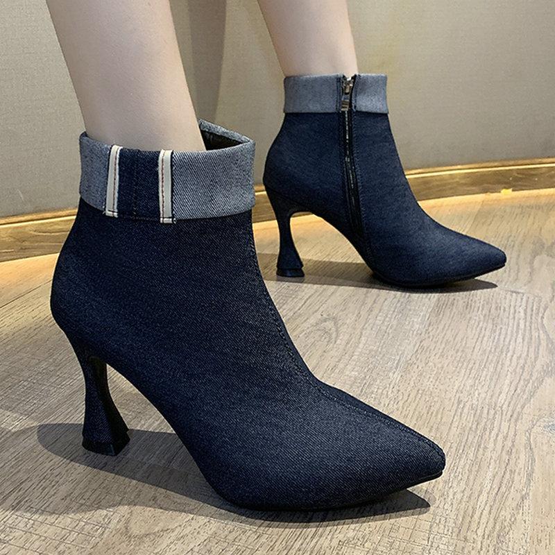 

Nice New Women Ankle Boots Western Spring Autumn Elegant Flock Shoes Woman Pointed Toes Thin High Heels Sexy Ladies Dress Boot, Blue