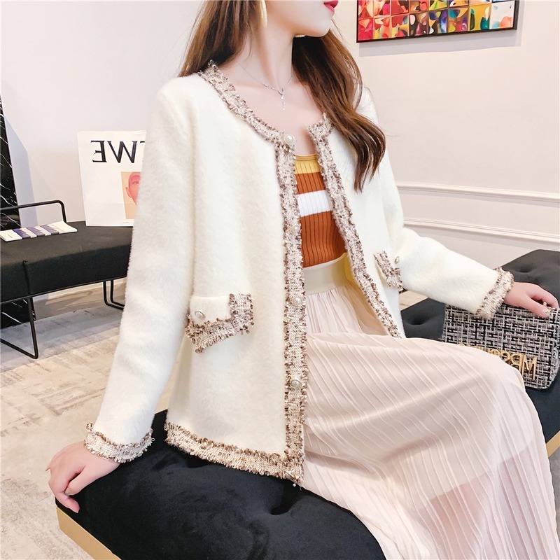 

2021 New Autumn vison-like velvet temperament coat around the neck small fragrance sharpening matching color cardigan jacket N98O, Black