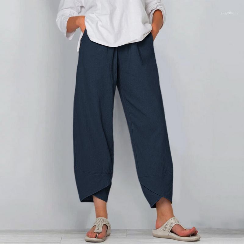 

Vintage Linen Pants Women's Summer Trousers Casual Elastic Waist Asymmetrical Pantalon Female Cropped Pants Oversized1, Khaki