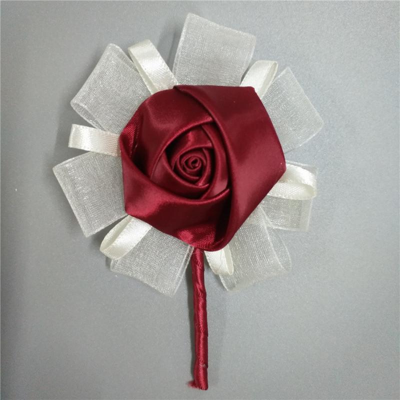 

1 Piece Wedding Ribbon Corsage Groom Boutonniere Party Prom Best Man Corsage Handmade Satin Fabric Rose Crystal Men Suit Brooch, Brown