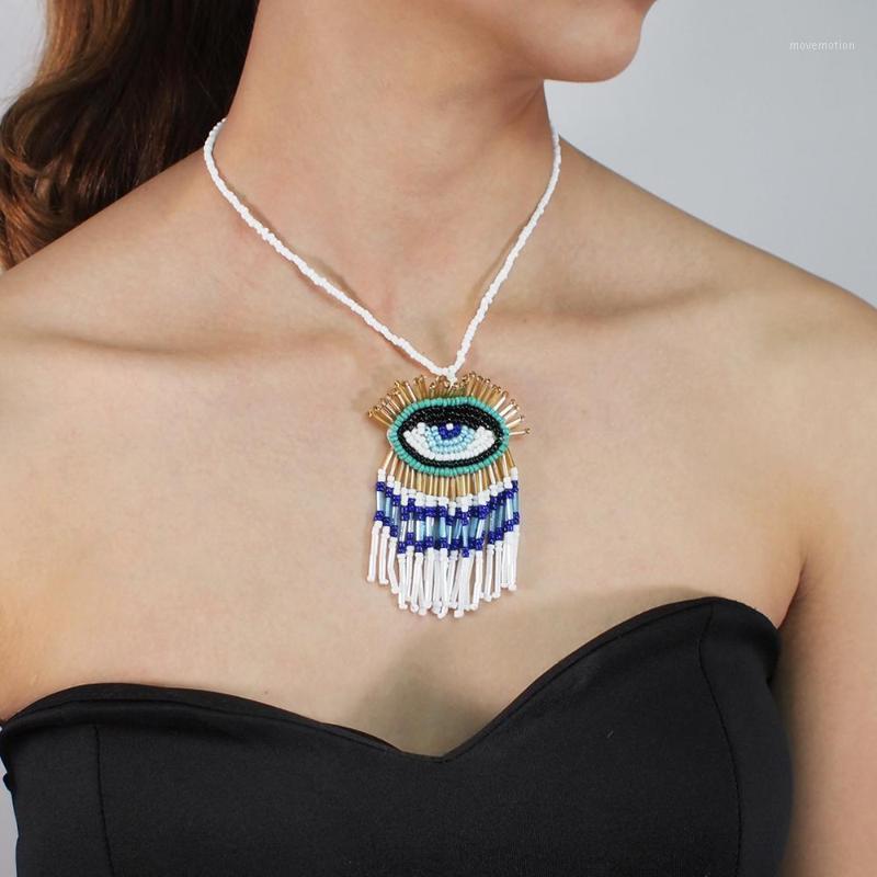 

MANILAI Bohemian Eyes Resin Bead Handmade Long Tassel Statement Link Chain Choker Necklace For Women Jewelry1