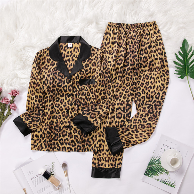 

Women's Summer Ice Thin Long Sleeve Trousers Two Piece Suit Leopard Lapel Home Wear Silk Like Pajamas, Black;red