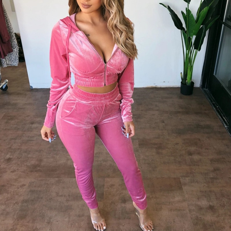 

Two Piece Set Women Velvet Hoodied Long Sleeve Crop Top Stacked Pants Leggings 2 Piece Set Outfits Tracksuit Sweatsuit Y1229, Rose
