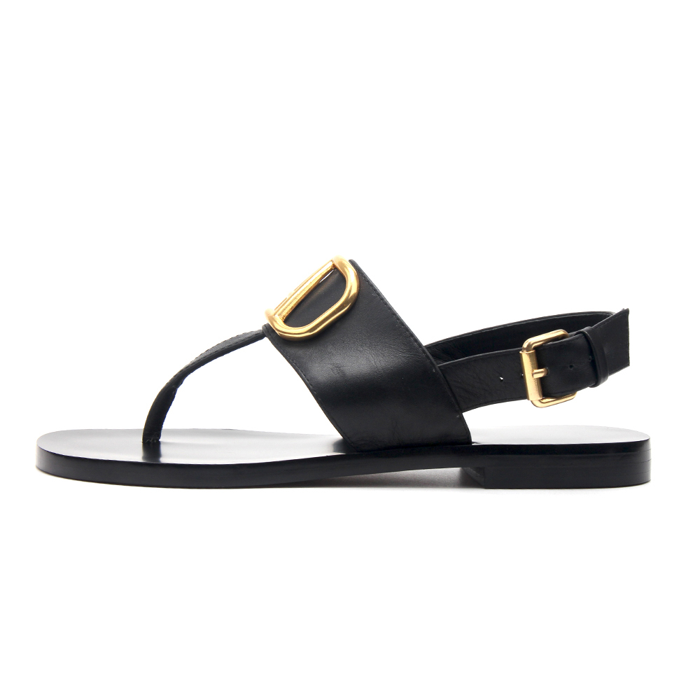 

leather brand designer flat flip sandals 2020 summer shoes women metal v slides & ladies slippers fashion luxury with, Black