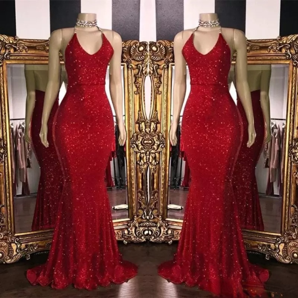 

New Sparkly Red Sequins Prom Dresses Halter Mermaid Long Prom Gowns Low Back Arabic Party Dress BC1085 Xu, Dark green