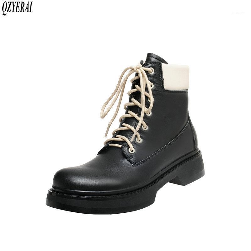 

QZYERAI boots Genuine leather black white Female boots lace-up Women's shoes Women's Autumn and winter1