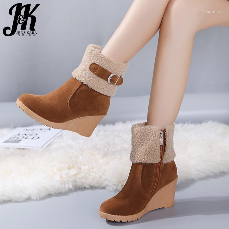 

JK High Heels Women Ankle Boots Round Toe Zip Footwear Wedges Female Snow Boot Flock Platform Shoes Woman Winter 2020 New Black1, Black thick plush