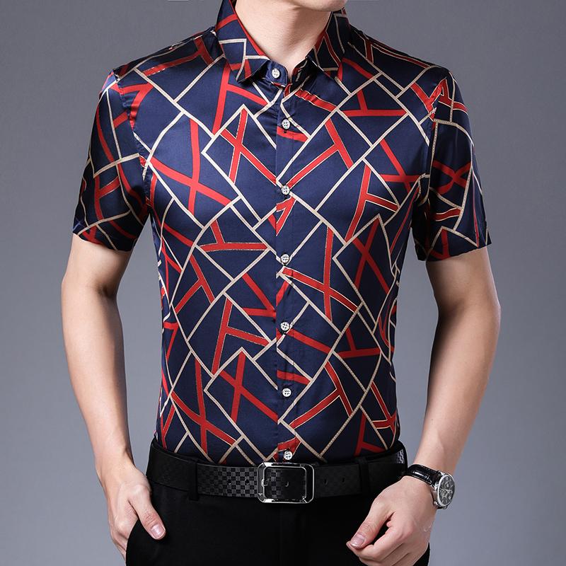 

2021 New Summer Mens silk Shirt Slim Fit Short Sleeve Floral Shirt Mens Clothing Casual Flower Shirts, Blue