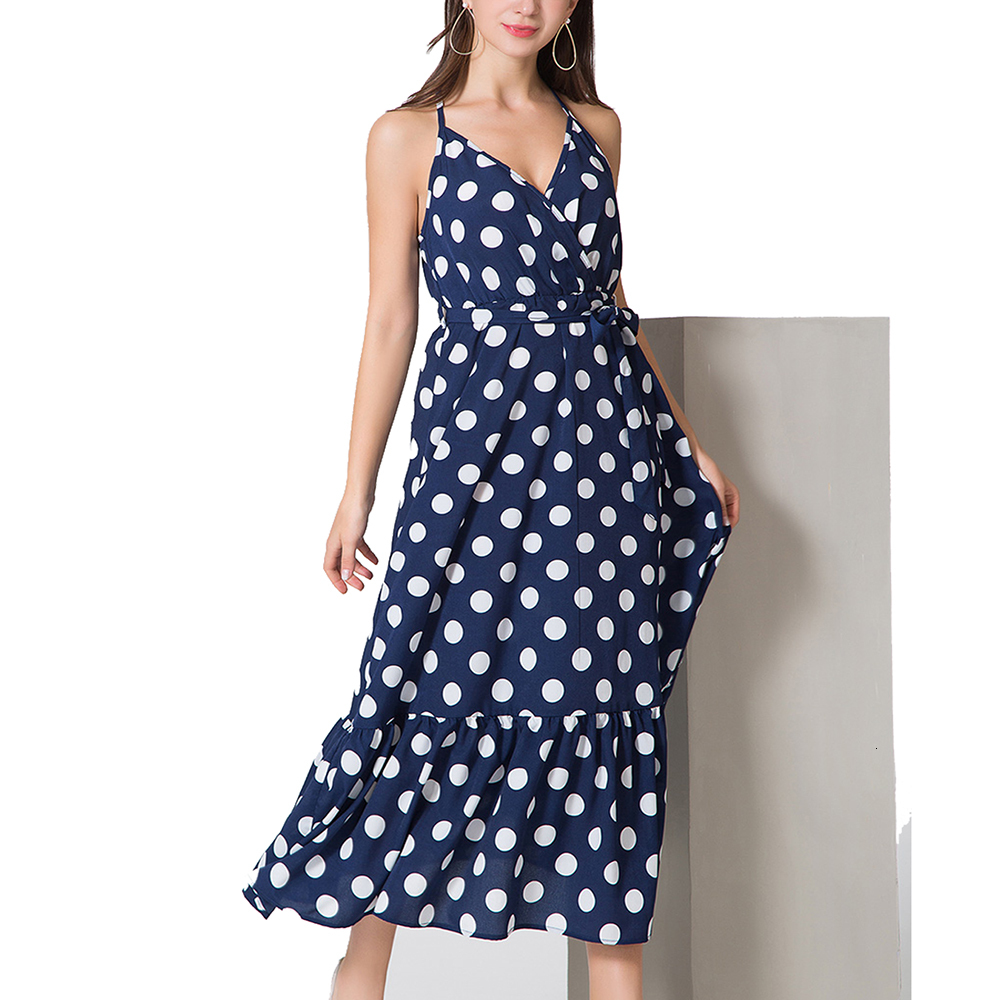 

2021 New Summer Sexy Women Spaghetti Straps Ankle-length V-neck Sleeveless White Polka Dots Decoration Party Es Ouq4, Blue