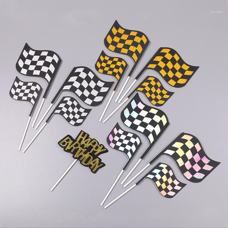 

2pcs Cake Decoration Racing Car Flag Happy Birthday Cake Toppers for Racing Car Birthday Party Dessert Decoration1