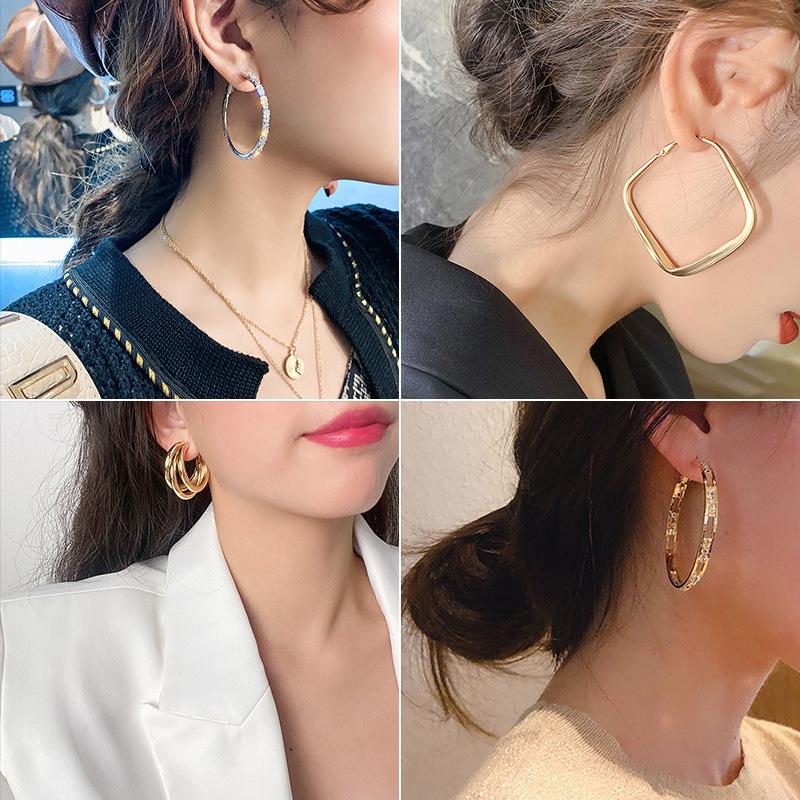 

Golden Round Crystal Hoop Earrings for Women Geometric Rhinestones Jewelry Korean Style Big Circle Hyperbole Party Gifts 040