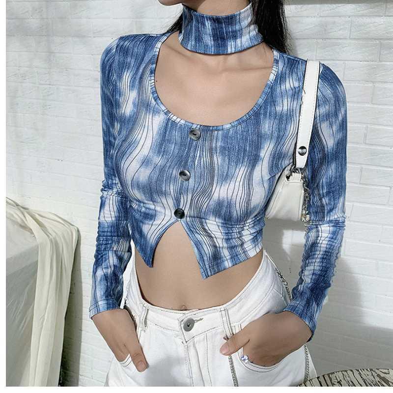 

Women Tie Dye BLUE yoga exercise long sleeve round neck fitness long sleeve shirt high collar hem open belly button fitness suit1