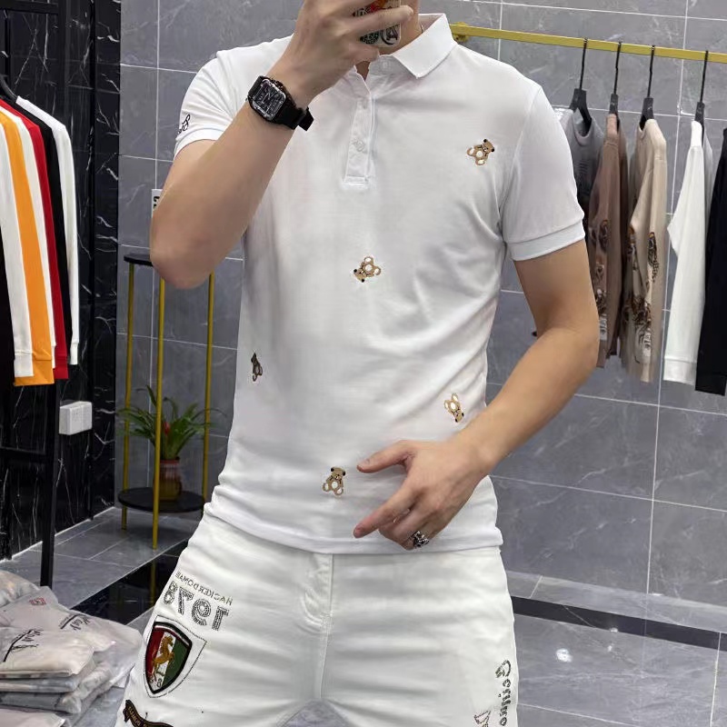 New Polo T-Shirt Bear Embroidery Men's Clothing Handsome Fashion New Product Trend Casual Slim Short Sleeve High Quality Tees Male Top Black