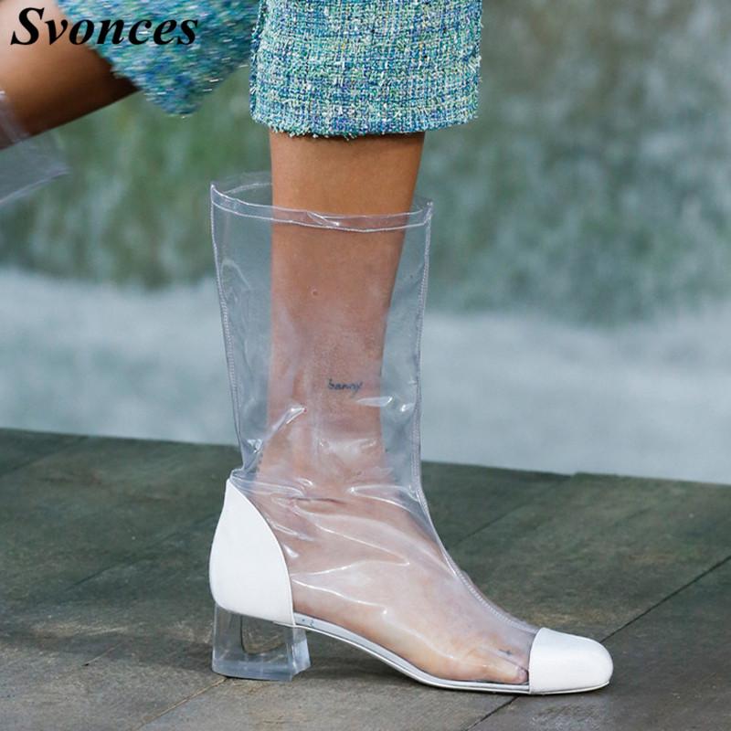 

Svonces Stylish Clear Transparent Chunky Heels Boots For Women Summer Spring Sexy Round Toe Cut Out Short Ankle Boots PVC Shoes, Long style