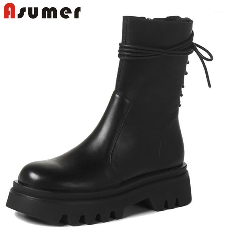 

Asumer 2020 hot sale vintage platform boots women shoes round toe autumn winter genuine leather punk shoes woman ankle boots1, Black not fur