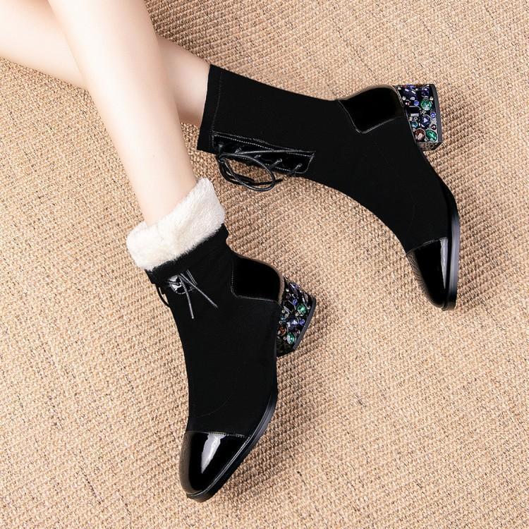 

MLJUESE 2020 women Mid-calf boots Velvet stretch fabric lace up winter warm plush crystal high heels women boots size 34-421, Black