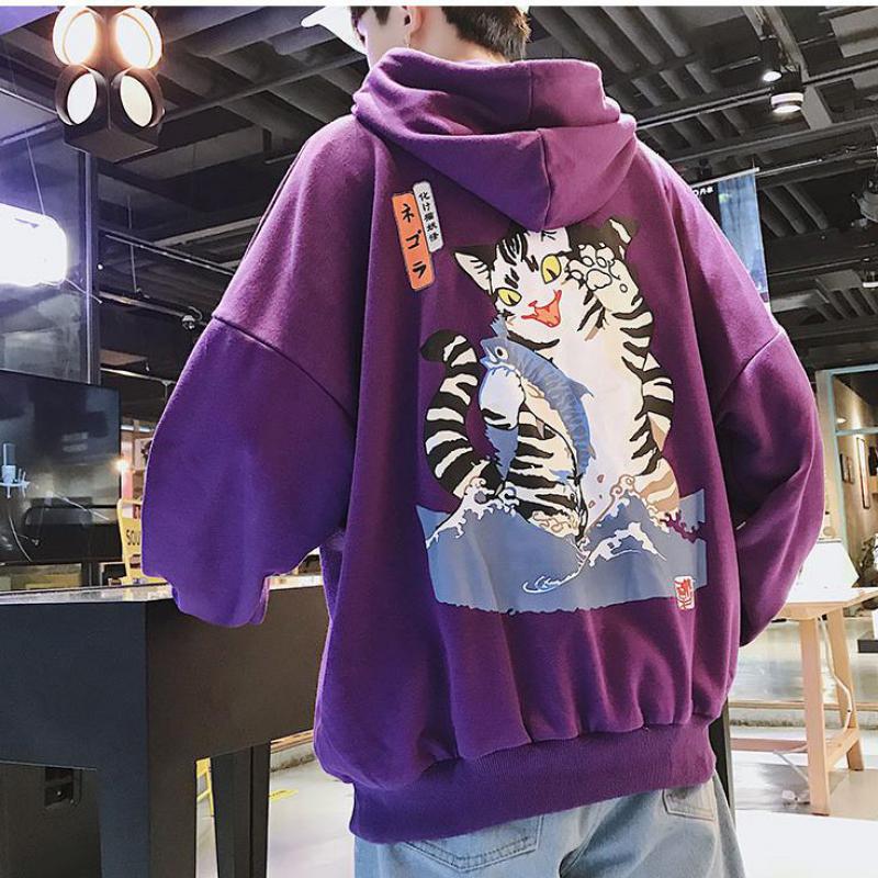 

Men Streetwear Funny Cat Hooded Hoodies Mens Hip Hop Harajuku Sweatshirts Male Korean Fashions fz1658, Black