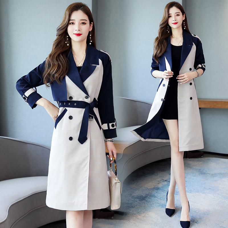 

Fashion Harajuku Trench-coat for Women Autumn Double-Breasted Coat Casual Overcoat Long-coat Office Lady Loose Top Windbreaker, Grayblue