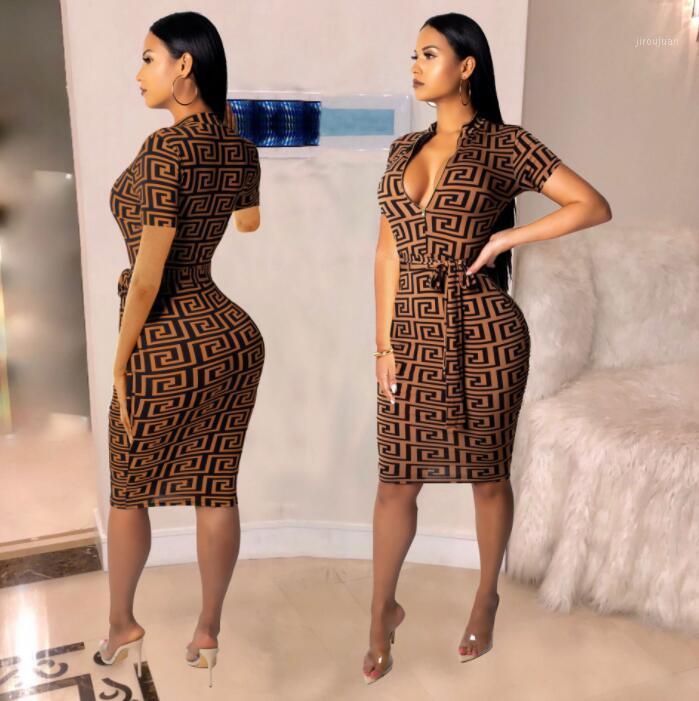 

New Pencil skirt womens dress in Europe and the United States popular v-neck slim sexy short-sleeved women' one-piece dress -xxl1, Brown